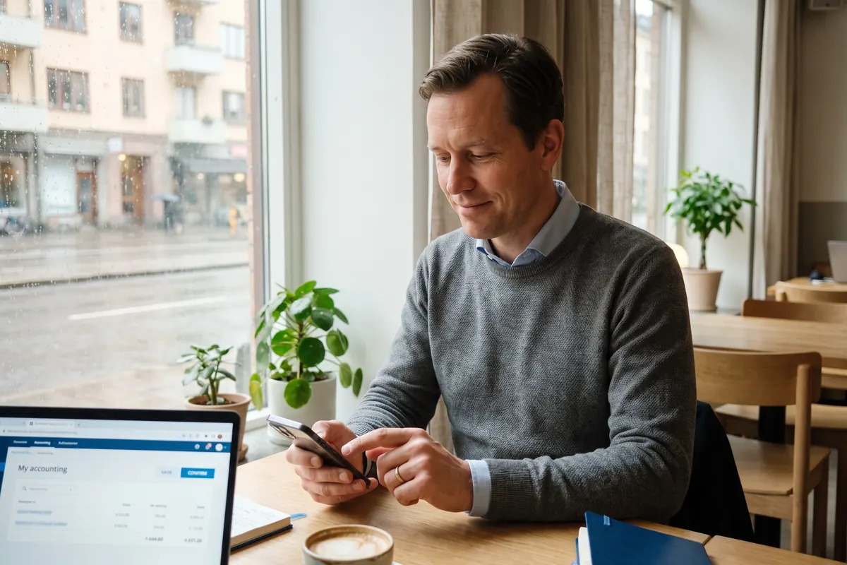 En konsult godkänner leverantörsbetalningar i mobilen på ett café
