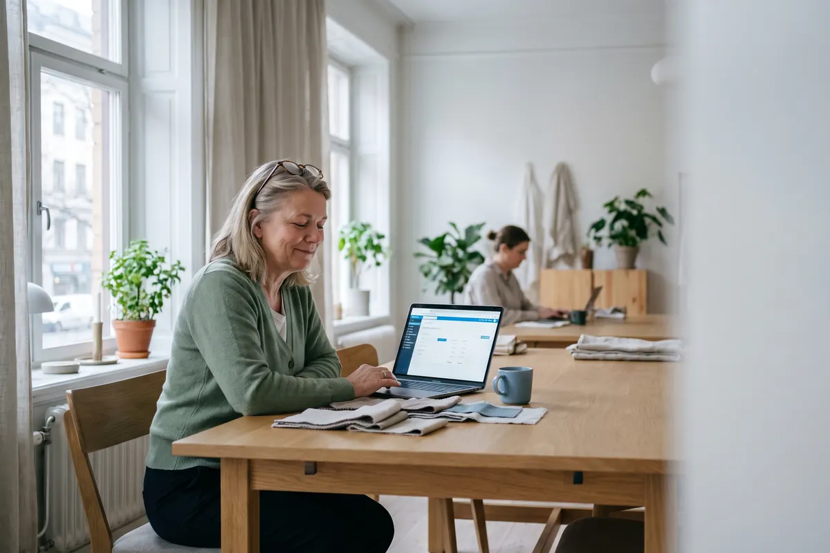 Delägaren i en liten designstudio går igenom månadens siffror på datorn