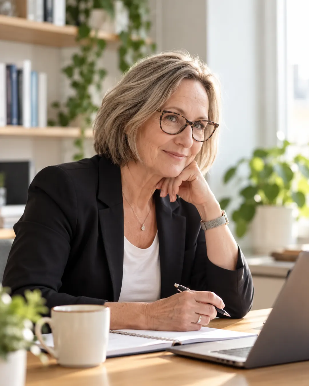 Yvonne Förnemark, grundare av Helpia, vid skrivbordet